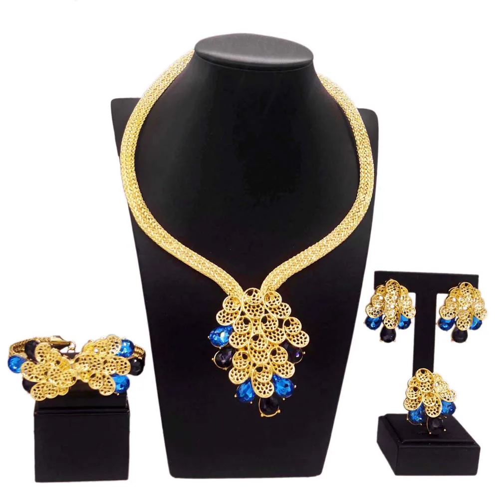 Yulaili Brazil gold-plated jewelry four sets of snake bone chain blue gems embellished temperament elegant gorgeous classic exot