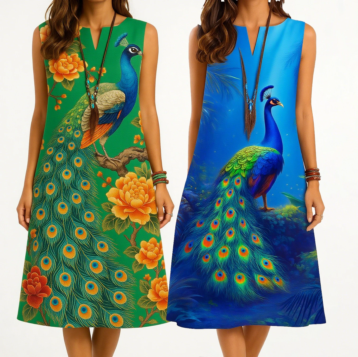 2026 Dress kurt women's fashionable and elegant long sleeved straight tube casual V-neck peacock pattern noble skirt