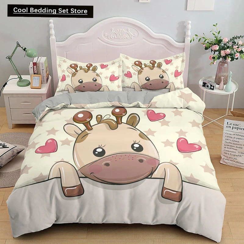 Cartoon Giraffe Duvet Cover King Queen Tropical Animals Bedding Set for Kids Boys Girls Lovely Wildlife Polyester Quilt Cover