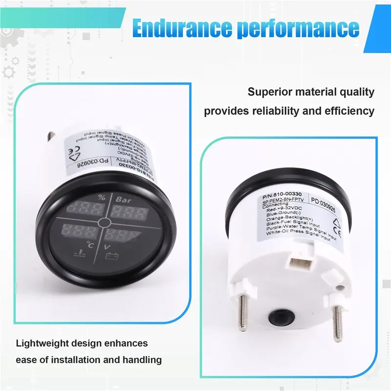 AB16-LED 52Mm Digital Gauge Car Boat Yacht Multi 4 In 1 0-190Ohm Fuel Level Gauge +Oil Pressure+Water Temp+Voltmeter