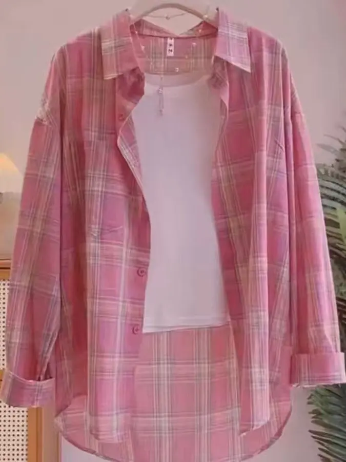Bleu Plaid femmes irt mince respirant Long Sve été paresseux Sle Faionable vêtements d'extérieur conception coréenne coupe ample Polyester