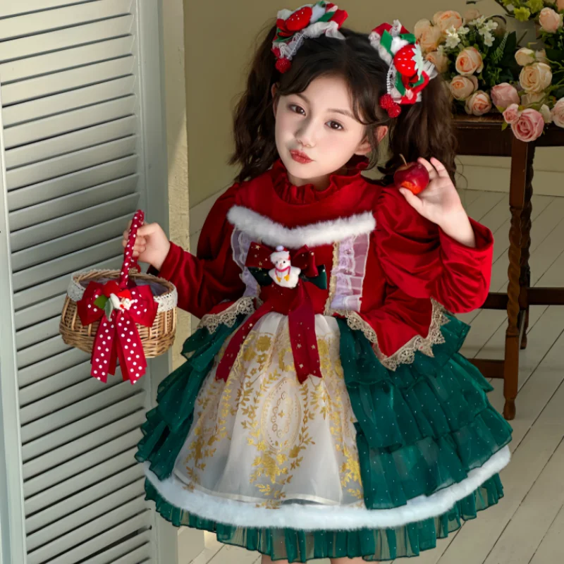 

Christmas Girls Lolita Princess Dress Lace Party Dress Bow Decoration Red Dress Ruffled Tutu Skirt Layered Dress Festival Gift