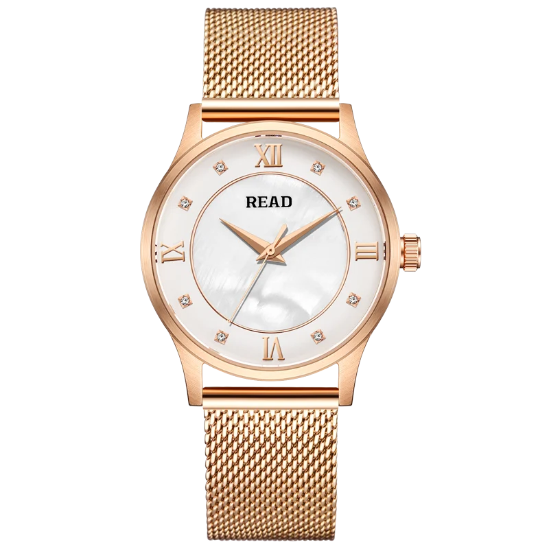 READ Women Quartz Watch | Rose Gold Mesh Strap | Shell Dial With Decorative Crystals | High Hardness Glass | 3ATM Waterproof