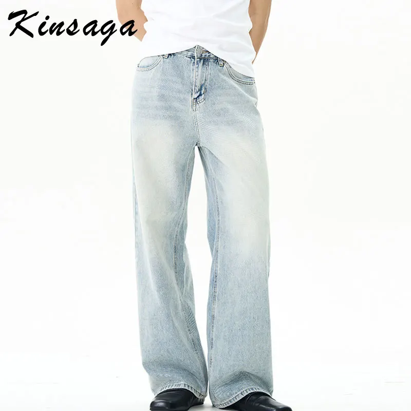 

Men Women Vintage Casual White Blue Straight Jean Couple's Lover's The Slouchy Back Pintuck Denim Trousers Traf Homme Baggy Jean