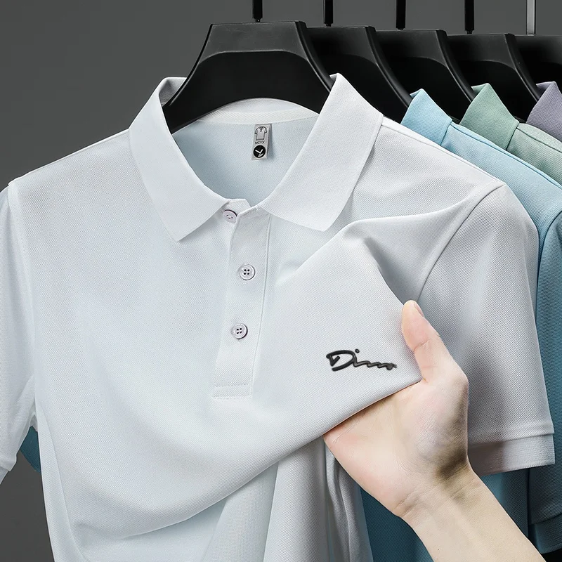 Summer Man Short-Sleeved POLO Shirt Lapel Button Design High Quality Stamp Business Golf Solid Color British Style Mens Clothing