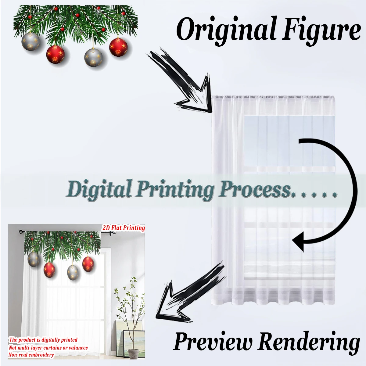 Christmas Flat Printing Sheer Curtain with Christmas Ball Pine Branches Snowflak for Living Room Bedroom Decor Holiday Party