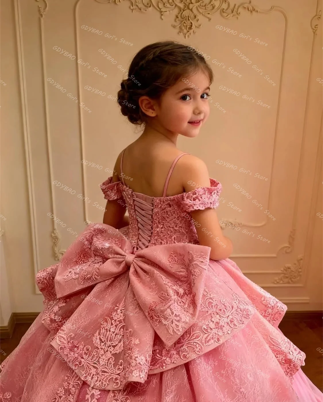 Customized Pink Flower Girl Dress For Wedding Bowknot Appliques Short  Sleeve Floor Length Kids Birthday First Communion Gown