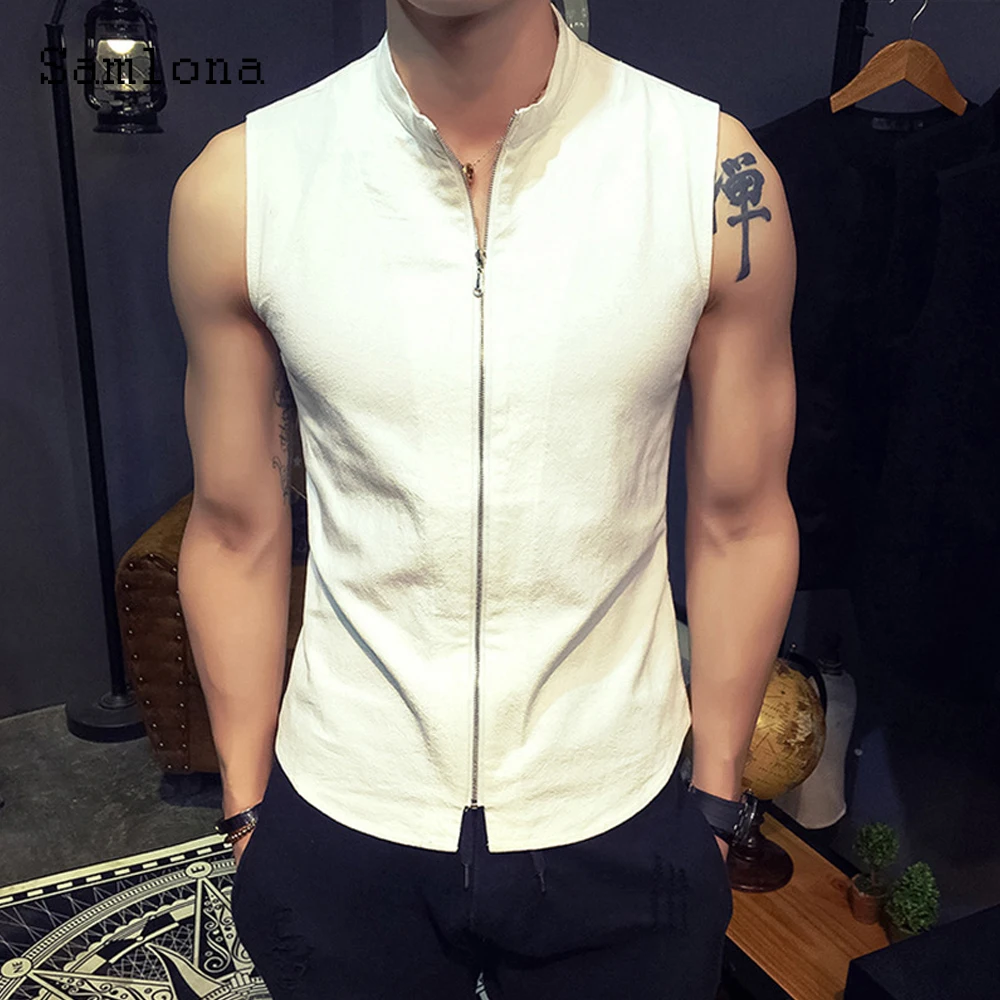 Samlona Plus Size 4xl 5xl Men Latest Casual Tank Tops Mens Streetwear 2022 Summer Fashion Zipper Vest Men's Sleeveless Tshirt