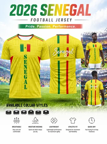 Senegal flag‑striped soccer jersey covered with ethnic subtle prints, distinctive fonts on the front and back bring unique charm