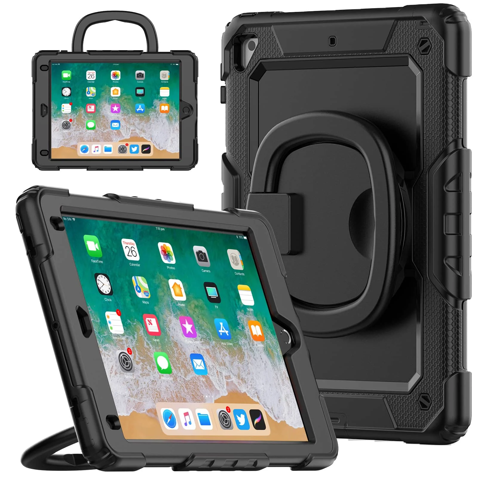 

for iPad 5th/6th/Air 2/Pro 9.7'', Military Grade Shockproof Silicone Cover 360 Folding Handle Grip + Handle Shoulder Strap