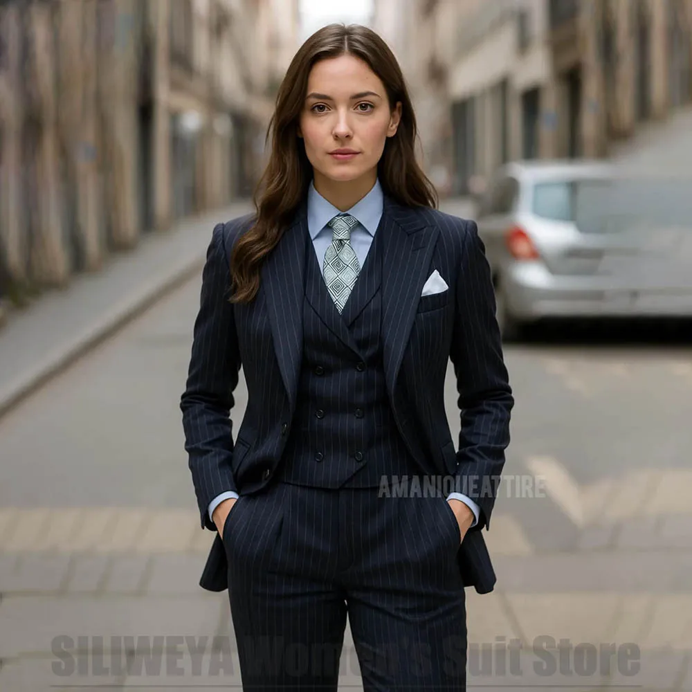Fashion Women's Striped Suit 3 Piece Single Breasted Blazer Vest and Pants Slim Elegant Formal Business Casual Party Suits