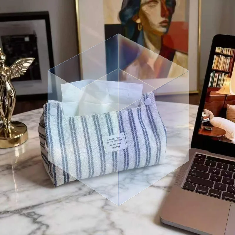 Canvas Tissue Holder Blue White Striped Soft Snap Closure Waterproof Fabric for Bathroom Bedroom Home Use