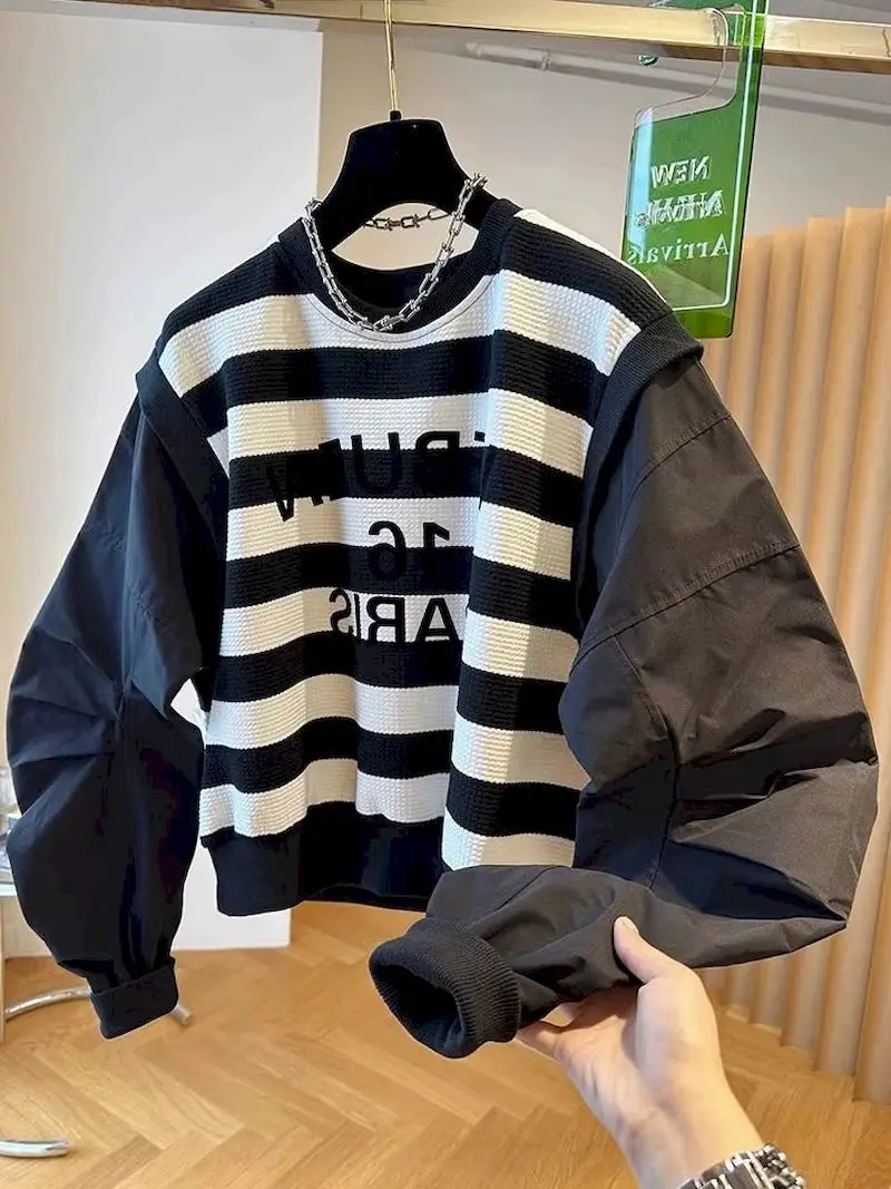 Oversized Pullovers Women Fashion Black White Striped Niche Pullover Tops Casual Loose Fake Two-piece Long Sleeve Tshirt Autumn