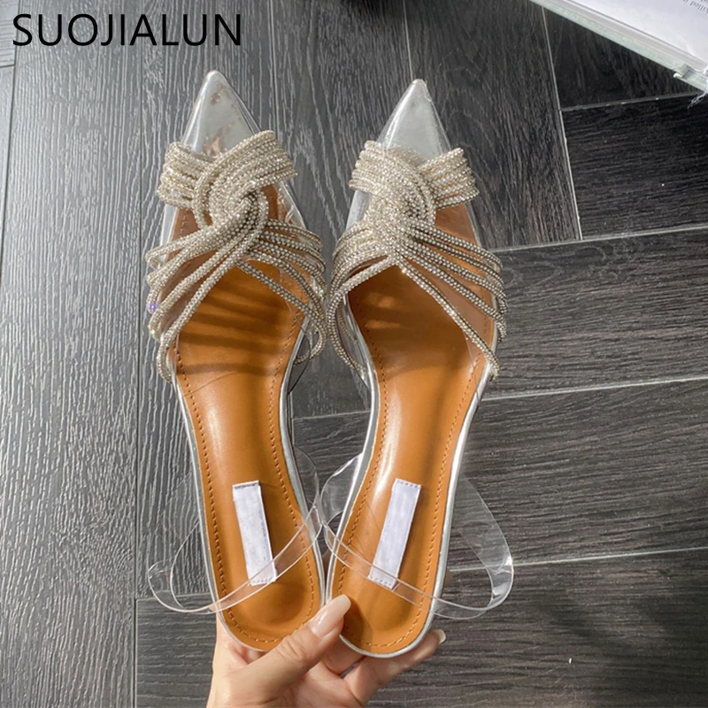 SUOJIALUN 2023 Spring New Pointed Toe Women Sandal Shoes Thin High Heel Ladies Fashion Crystal Bow-knot Dress Party Pumps Shoes