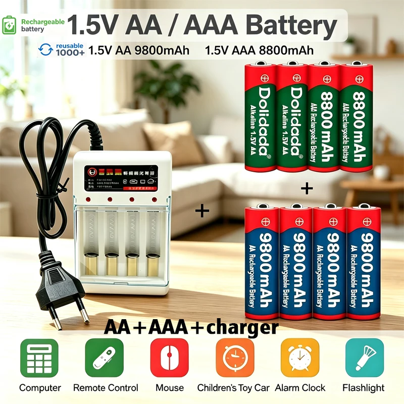 NUOVA batteria ricaricabile alcalina 1,5 V, modello AA 9800 mAh + AAA 8800 mAh + caricabatterie 1,5 V, ideale per giocattoli elettronici e fotocamere, tempi di consegna: 3-7 giorni.