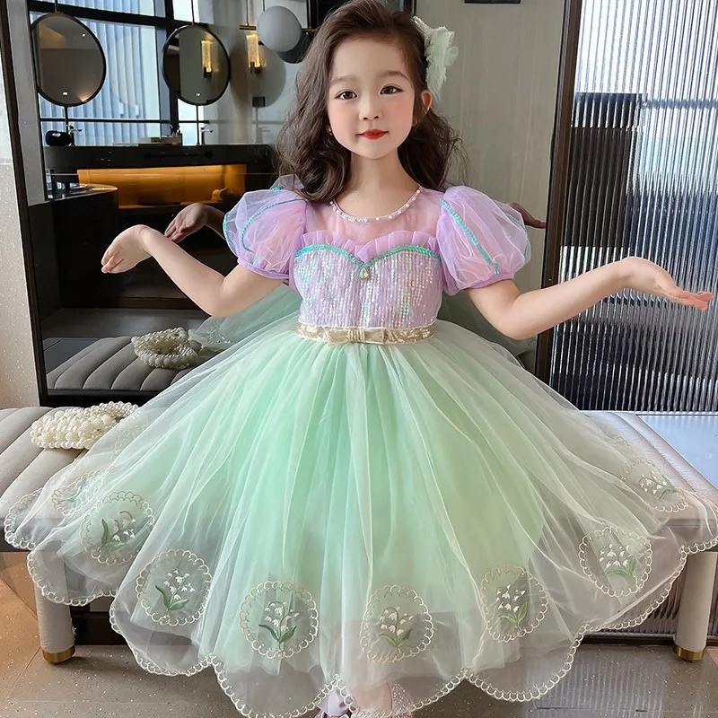 Girls' Dress 2024 Summer New Children's Mesh Princess Dress Kindergarten Baby Short Sleeved Sweet and Fashionable Skirt