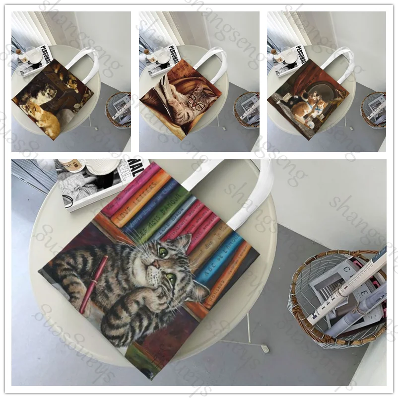 

Oil Painting Cat Tote bag fashion shoulder bag canvas handheld folding bag women's casual large capacity shopping bags