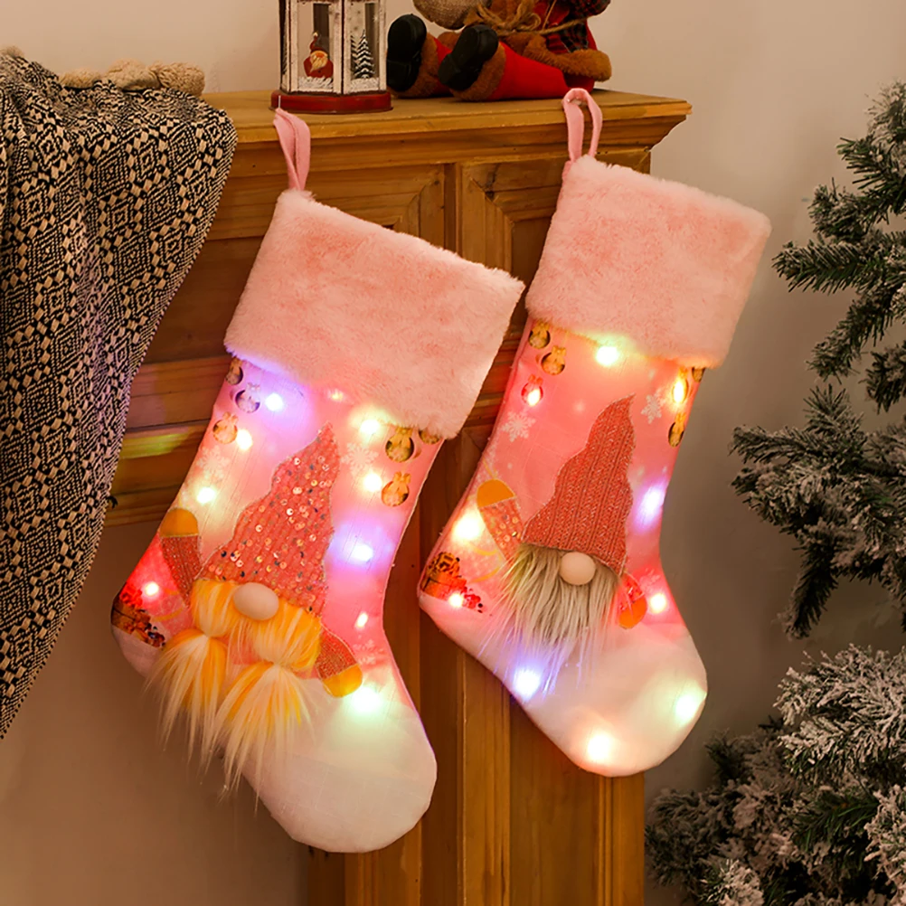 

2Pcs Christmas Luminous Socks Pink Large Stockings Candy Bags Xmas Tree Hanging Gift Holders Christmas Stockings