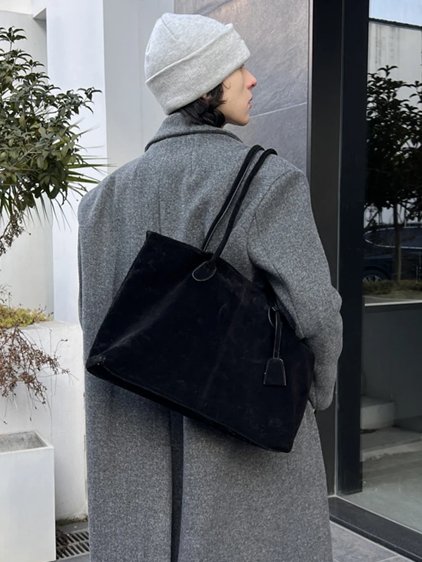 YUEN Hobo Vintage Suede Leather Tote Bag Street Style Handbag Unisex Trendy Harajuku Single Shoulder Bag for Young Casual