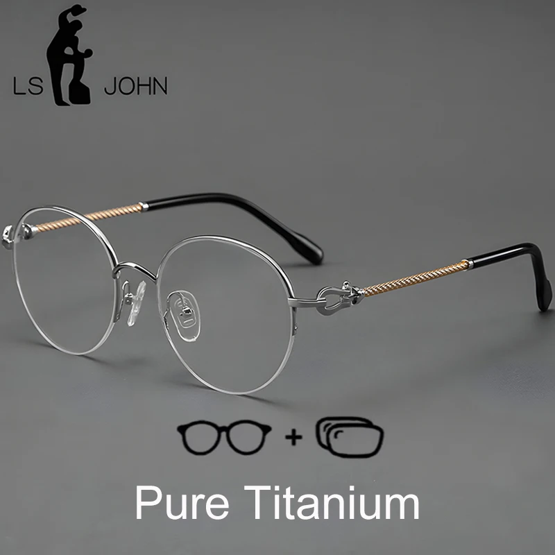 LS JOHN Pure Titanium Glasses Frame Women Round Luxury Optical Myopia Reading Prescription Eyeglasses Men Brand Quality Eyewear
