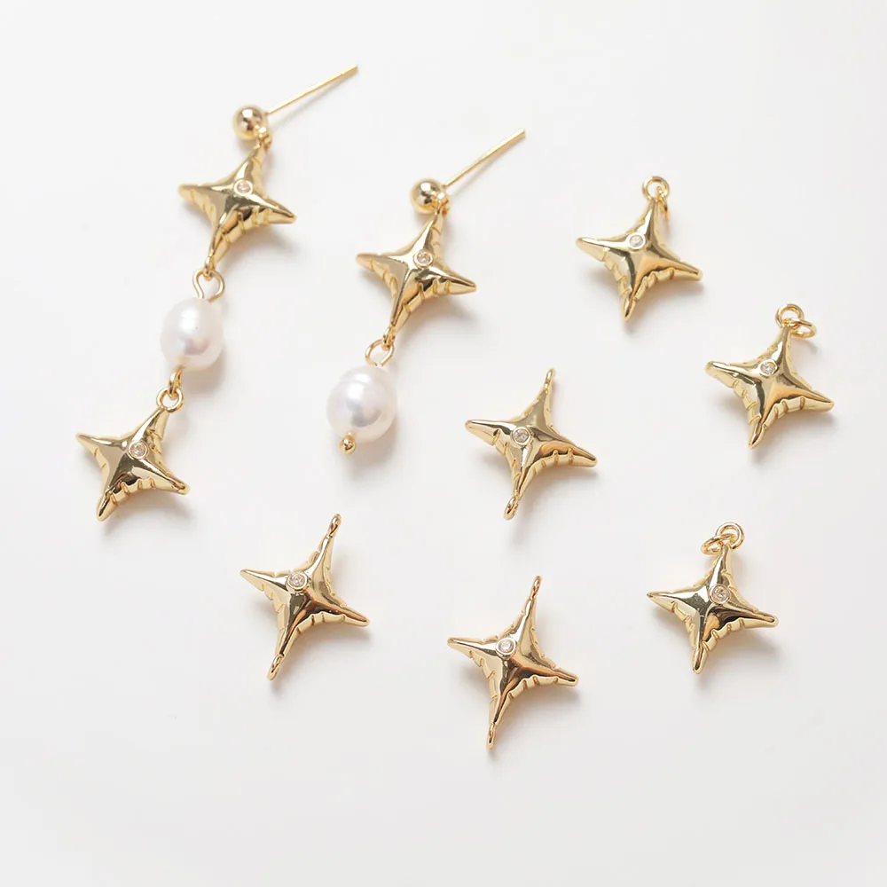 2PCS Celestial North Star Pendant Charms for Jewelry Making DIY Drop Earrings Hand Made Brass 14k Gold Plated 14*19mm