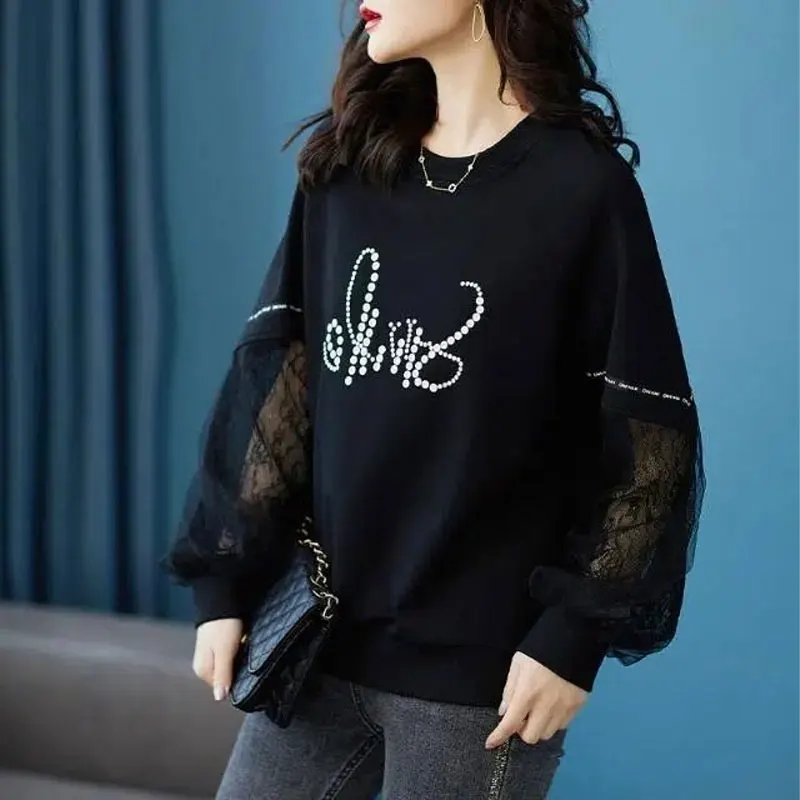 Jerséis de retazos de encaje para mujer, sudaderas de manga larga con estampado coreano, ropa informal, cuello redondo, suelta, primavera y otoño