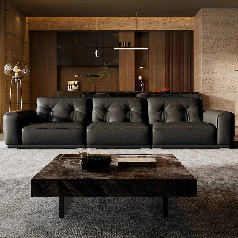 First layer cowhide straight row leather sofa retro three-person sofa black