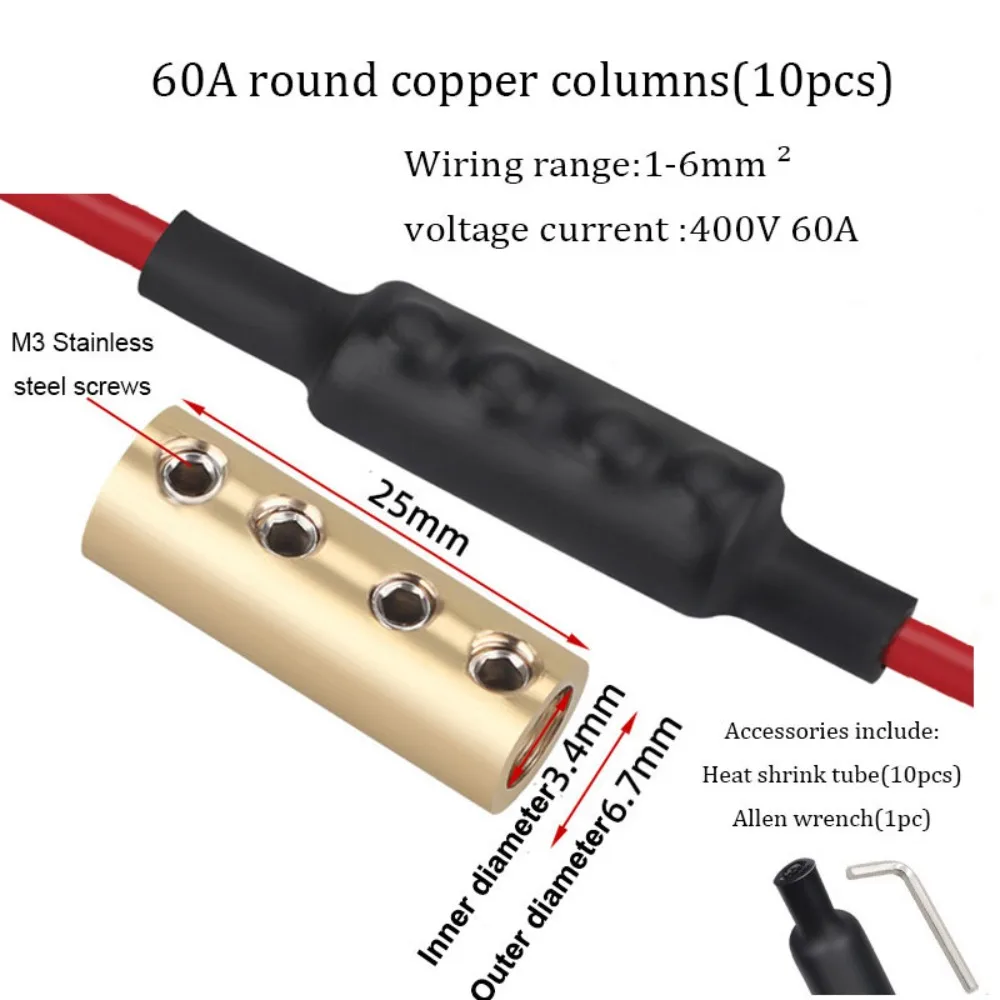 10/20/60A Brass Terminal Block with Heat Shrink Tubing High Current Electrical Wire Connector Non Pressurized High Power