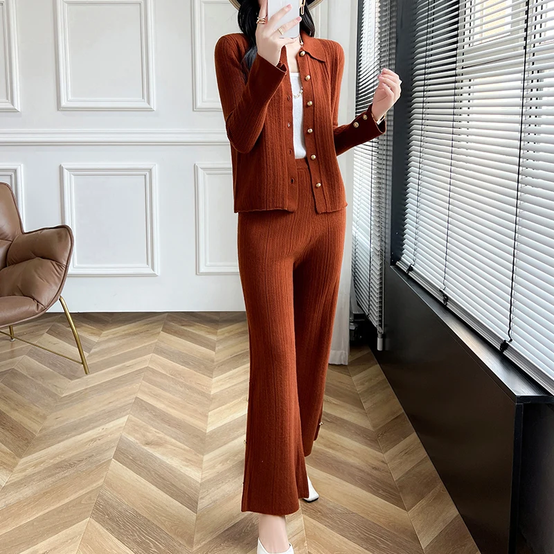 Autumn and winter women POLO collar 100% pure wool two-piece hollow coat loose retro exquisite wide-leg pants suit.