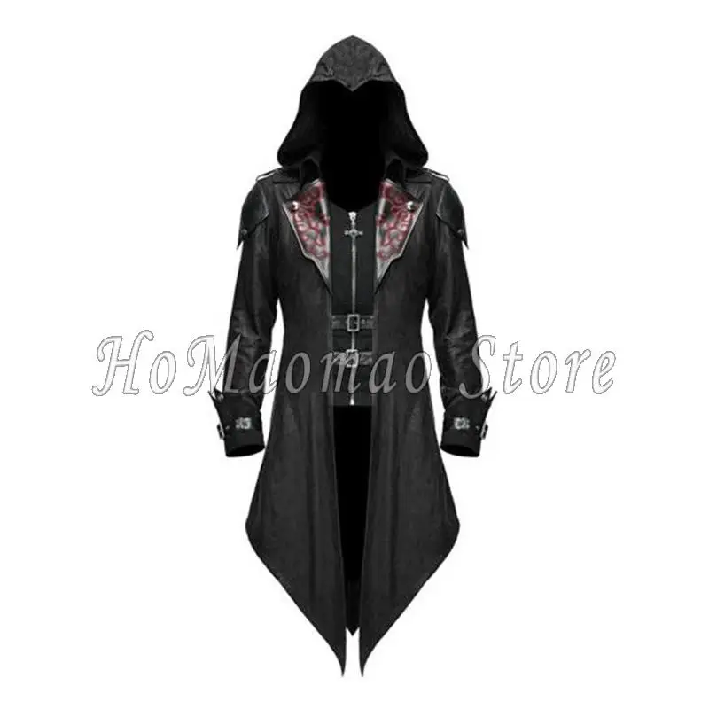 เสื้อโค้ทหนังมีฮู้ดพับได้สำหรับผู้ชายชุดเล่นแบบกอธิควันฮาโลวีนยุคกลาง