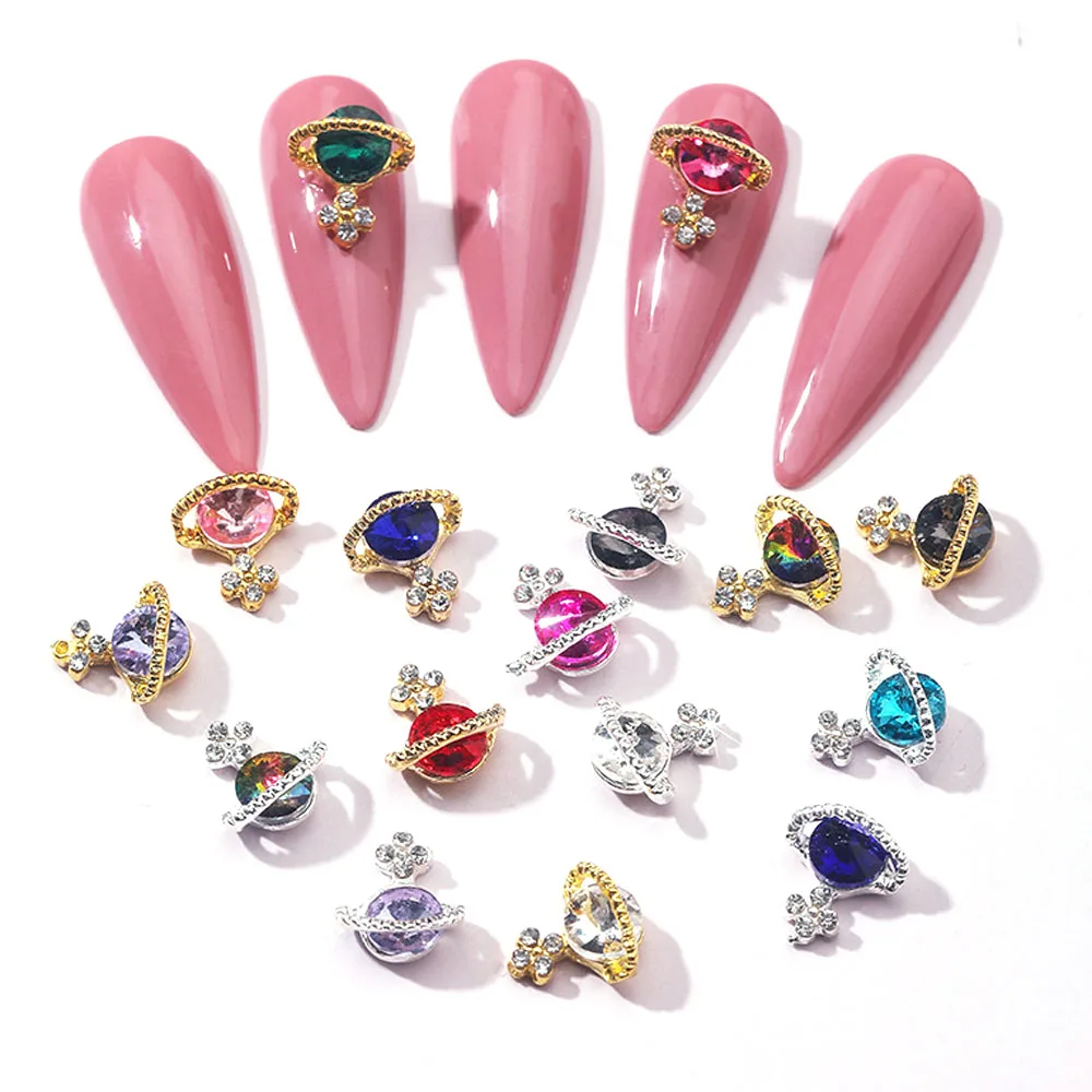 10Pcs 3D Alloy Planet Charms Rocketman Universe Nails Art Decoration DIY Craft Metal 10mm Gold-Silver Luxury Rhinestones Jewelry