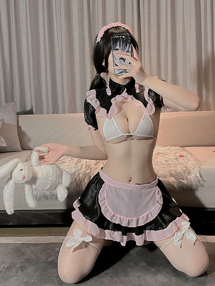 Sexy Lingerie Costume French Maid Dress Hollow Chest Cosplay Servant Lolita Hot Babydoll Dress Uniform Erotic Role Play Costume