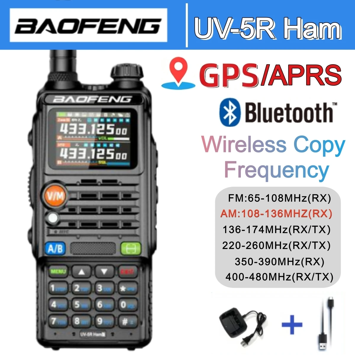 جديد Baofeng Uv-5R نظام تحديد المواقع/Aprs طويلة المدى أجهزة اتصال لاسلكية مجموعة التخييم هام راديو بلوتوث البرمجة نوع-C شاحن