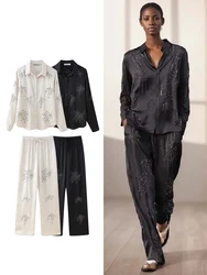 TRAF Women's Beaded Embroidery Long Sleeve Shirt Straight Pants Set Suit Suit Collar Single Breasted Top Lace Up Loose Trousers