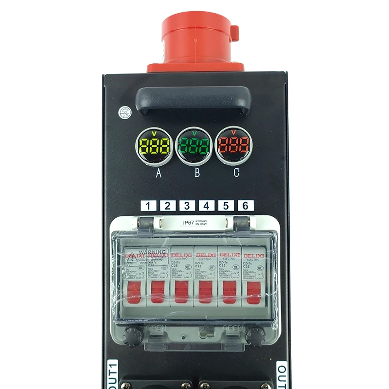 Portable 32A 3-Phase Stage Power Distribution Box with 6x16A Outlets, Breakers & Voltage Monitor for Events Lighting