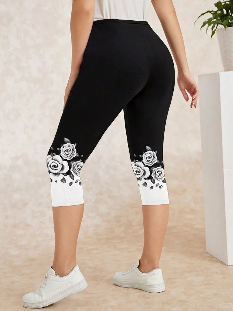 Spring/summer  flower print slim-fit elastic elastic waist tight casual capri leggings for women