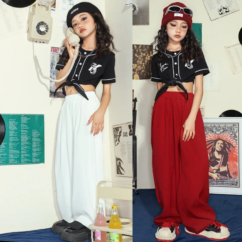 Girls Wide Leg Pants  Lace-Up T-Shirt Jazz Dance Cool Performance Practice Set Loose-Fitting Hip-Hop Clothing