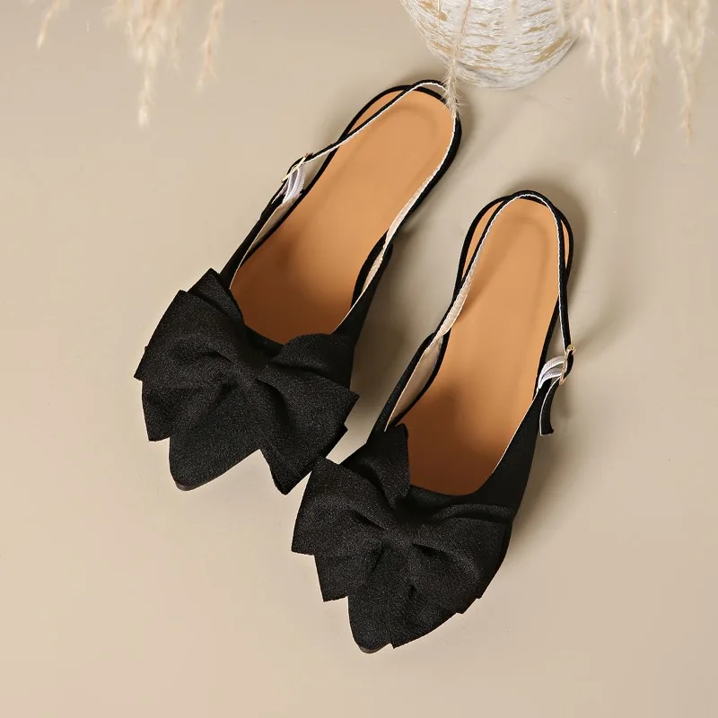 صنادل نسائية صيفية بفيونكة مسطحة باوتو 2025 جديدة بمقاس كبير بمقدمة مدببة وظهر فارغ