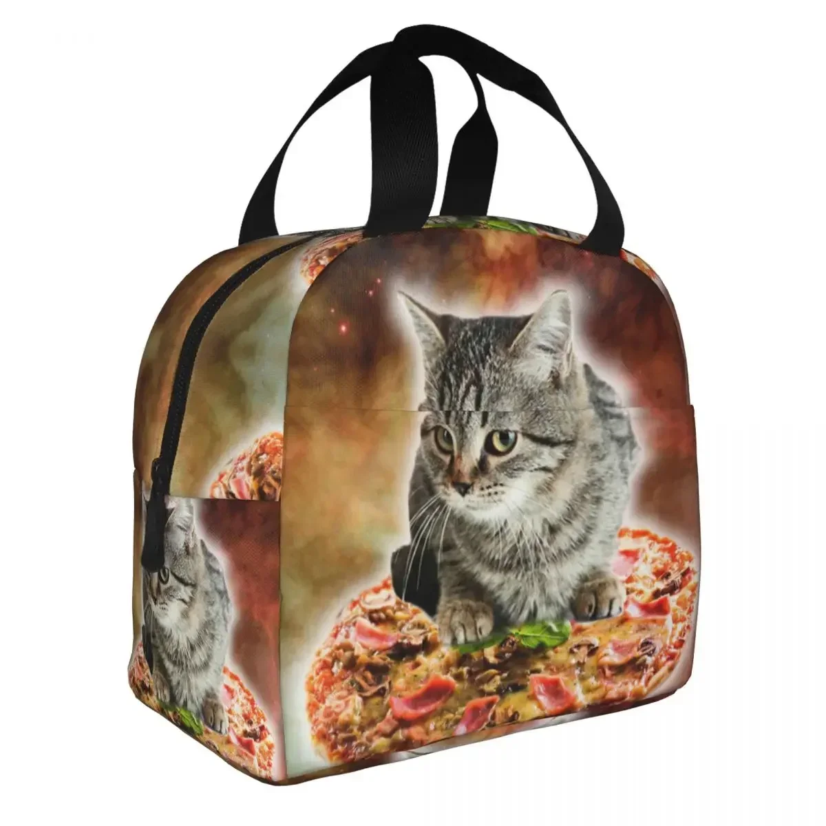 Space Cat Riding Pizza Lunch Box Thermal Cooler Food Insulated Lunch Bag for Women School Work Picnic Portable Tote Container