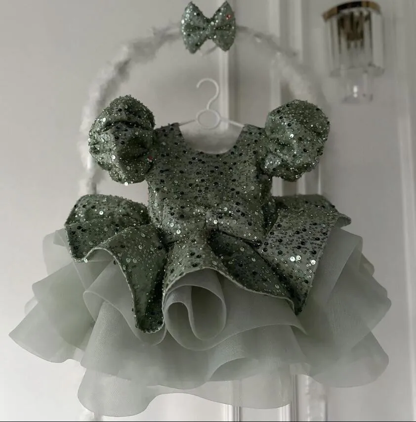 Vestidos de Organza escalonados verdes de manga corta para niñas, vestido de lentejuelas brillantes, vestidos de princesa de boda para niños, vestido de lujo