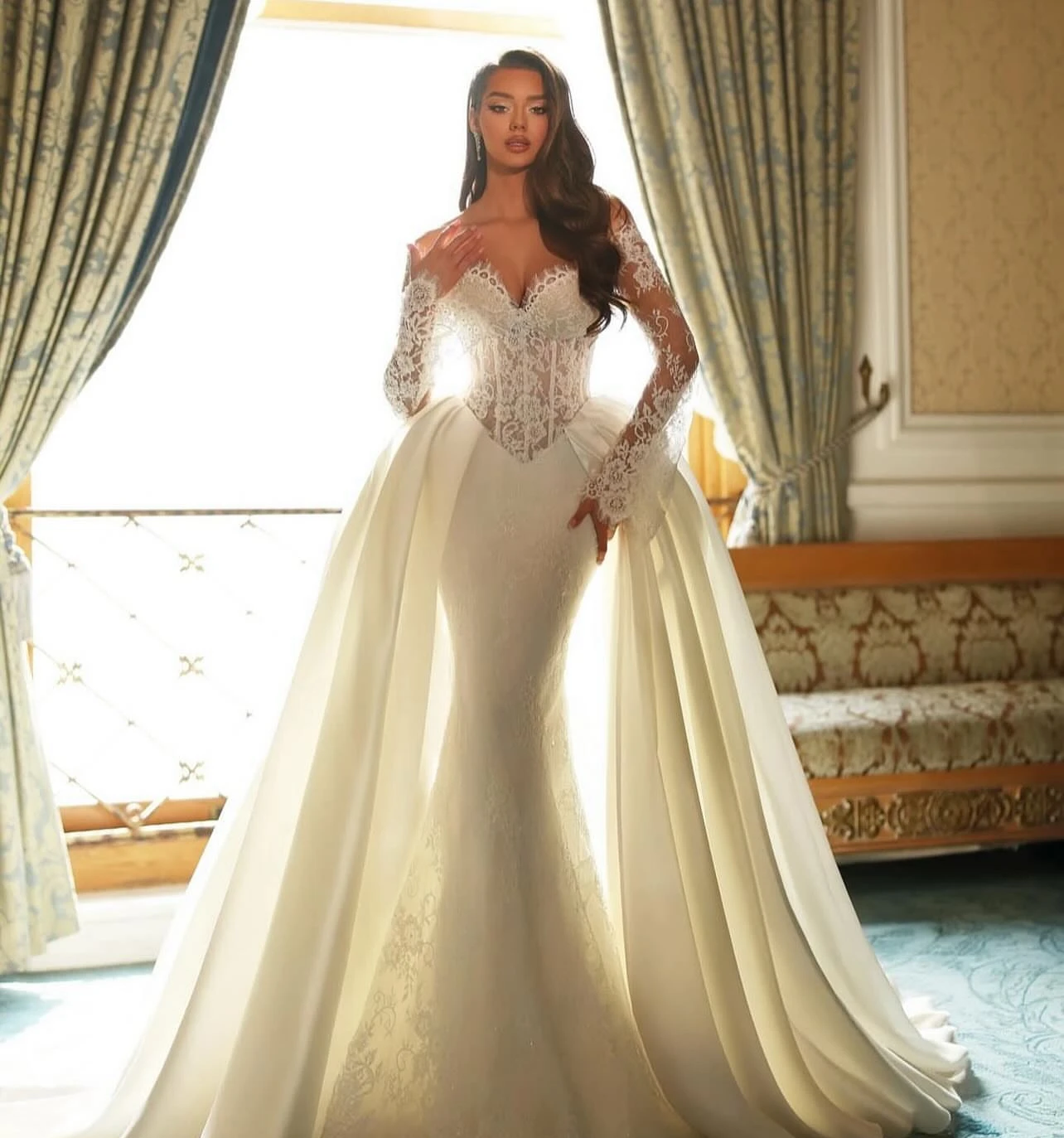 

Свадебные платья русалки с V-образным вырезом по индивидуальному заказу, с длинными рукавами и жемчужной вышивкой, съемные верхние юбки robe de mariée