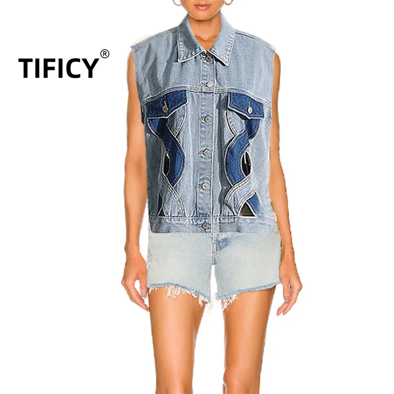 

TIFICY Temperament Casual Personality Sleeveless Lapel Women's Tank Top Denim Vest New Patchwork Versatile Denim Vest