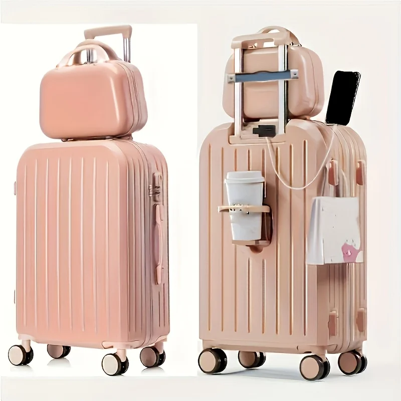 

1pc/2pcs Minimalist Solid Color Luggage Case, Hard Shell Zipper Trolley Case With Square Small Makeup Handbag For Travel/Home Storage