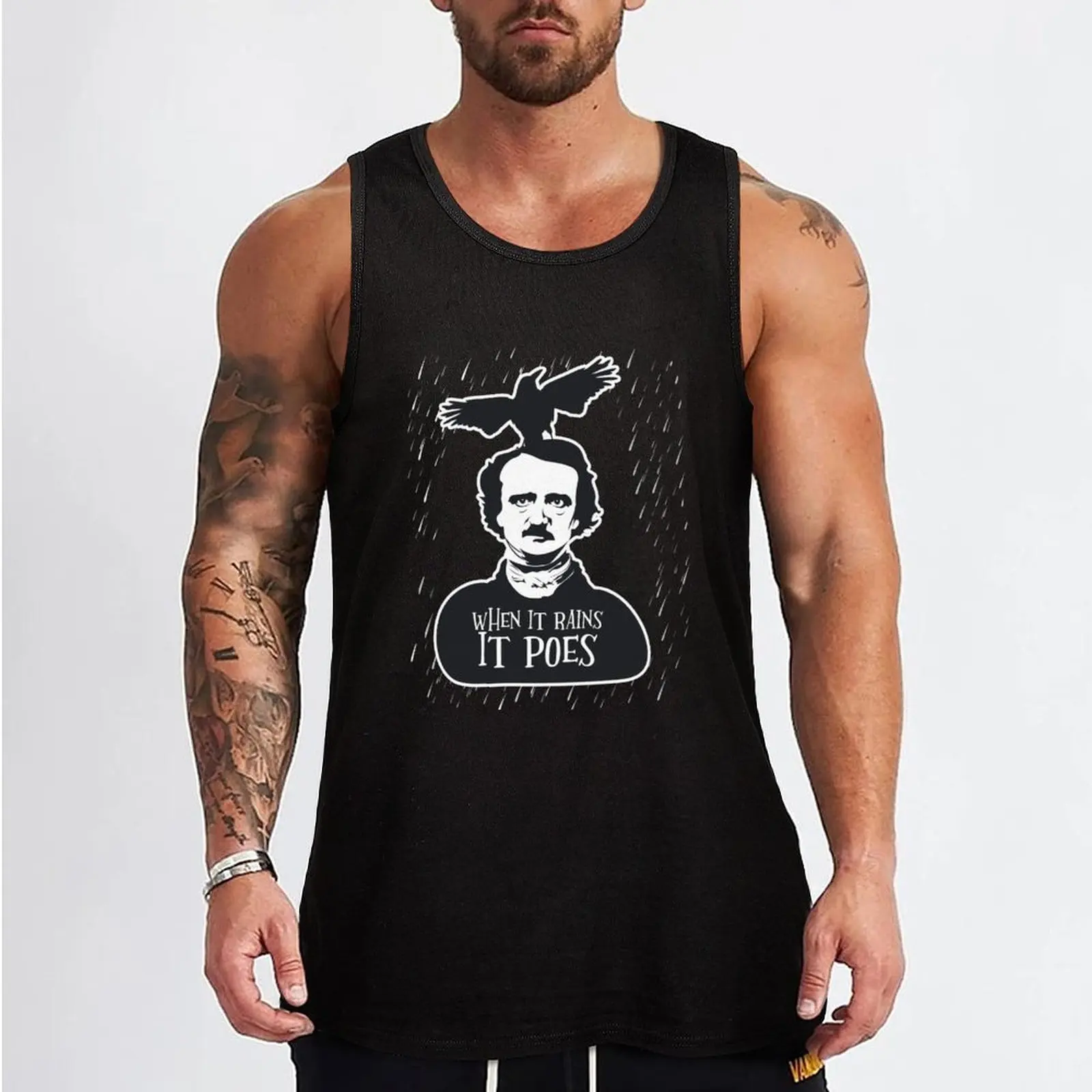 Funny Edgar Allan Poe When It Rains It Poes Tank Top Gym wear bodybuilding man sleeveless man shirts muscular man