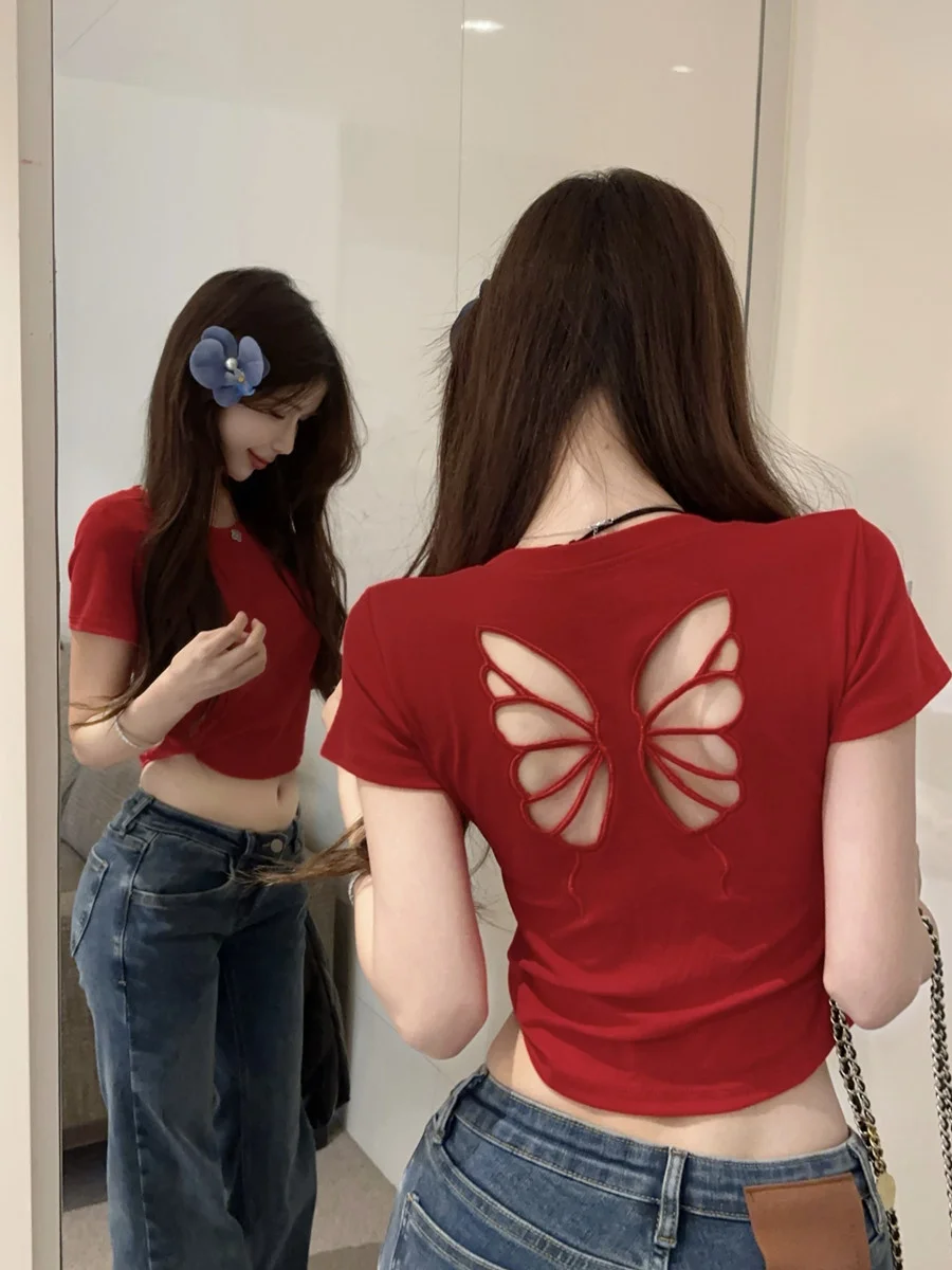 

No-Wear Knot Hollow Design Bralette Short Sleeve Slimming Versatile Top Women's Korean Style Commute Fashion plus Size