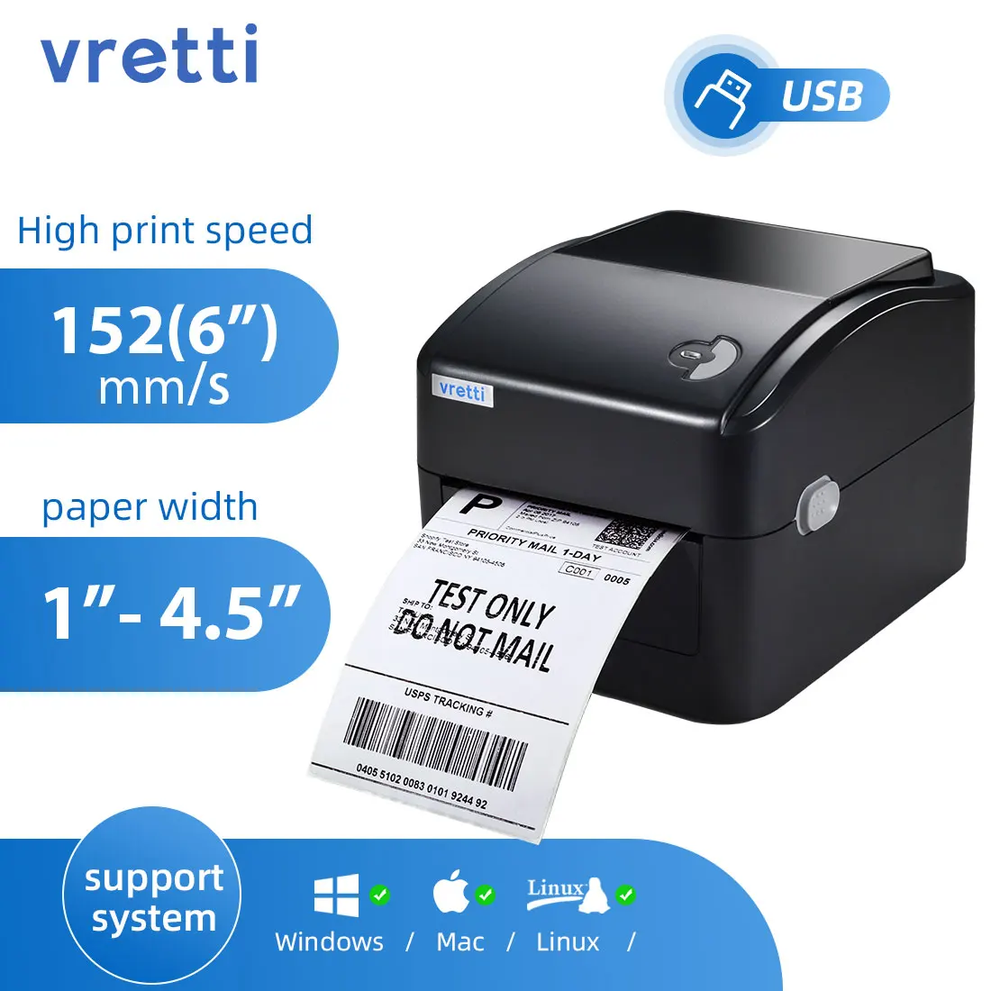 

Vretti USB Direct Thermal Label Printer 420B Shipping Express Supermarket Barcode Printer 4x6 Inch Label Thermal Printer