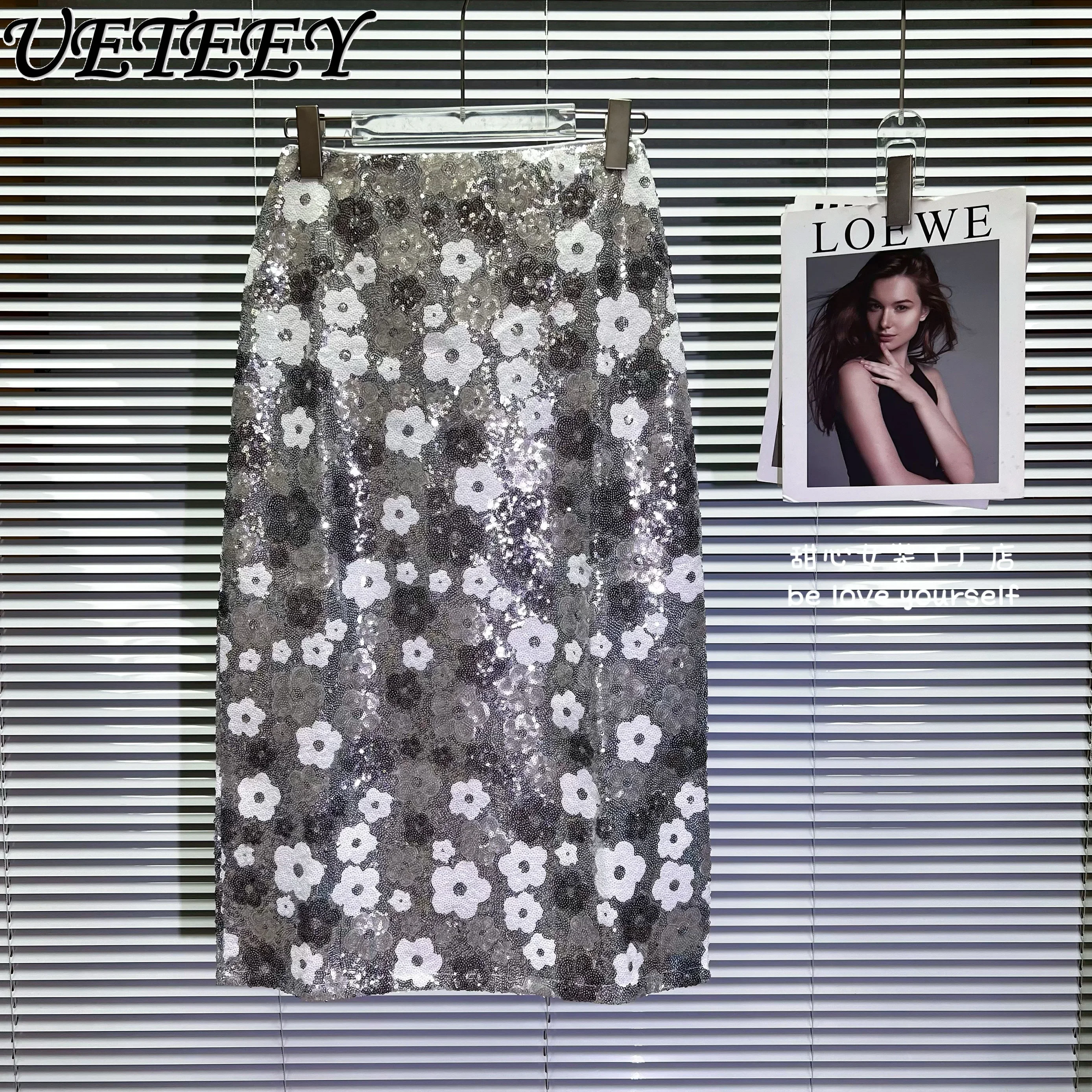 

Summer New Heavy Industry Color Matching Sequined High Waist Skirt Light Luxury Floral Socialite Fashion All-Match A-line Skirts