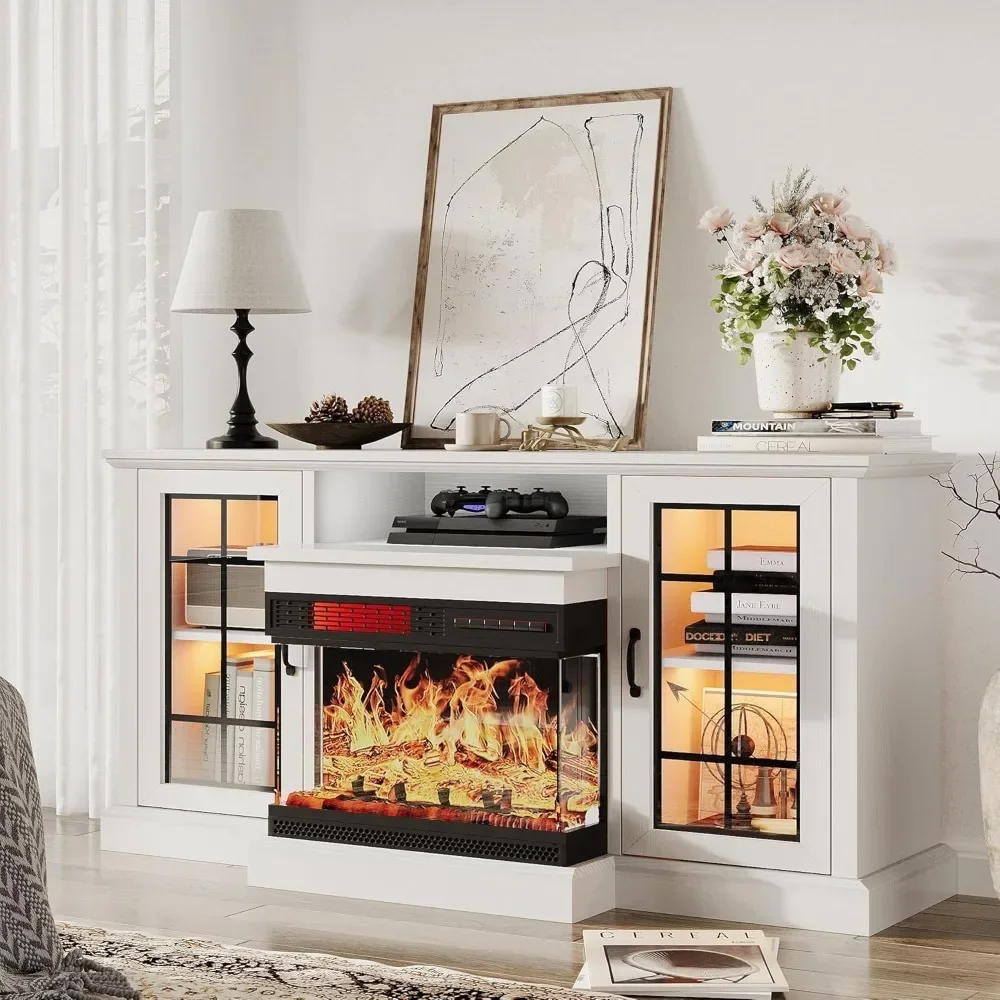 59 Inch Fireplace TV Cabinet, 3-sided Glass Media Entertainment Center Console Table,with Glass Door, Adjustable Flame LED Color