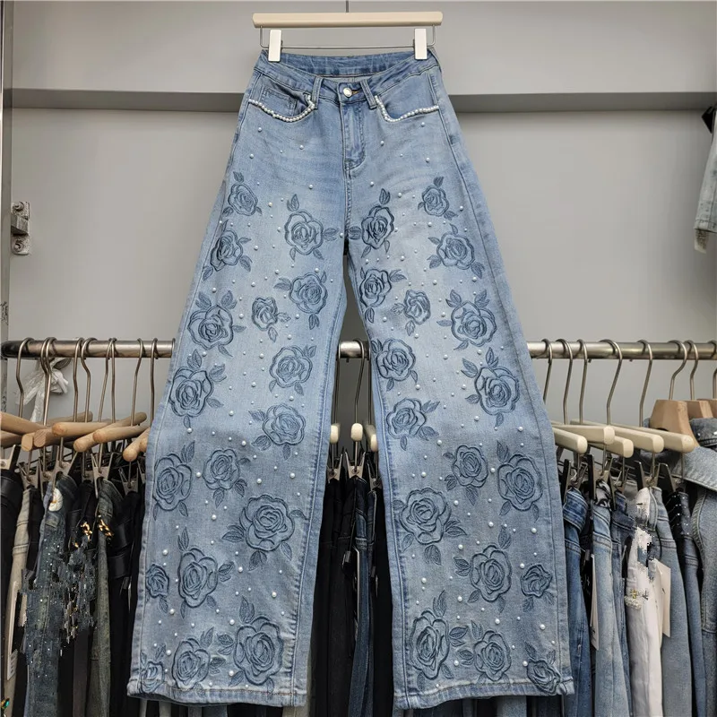 

Nail Bead Embroidered Denim Pants for Women 2026 New High Waisted Loose Fit Slimming Versatile Wide Leg Pants