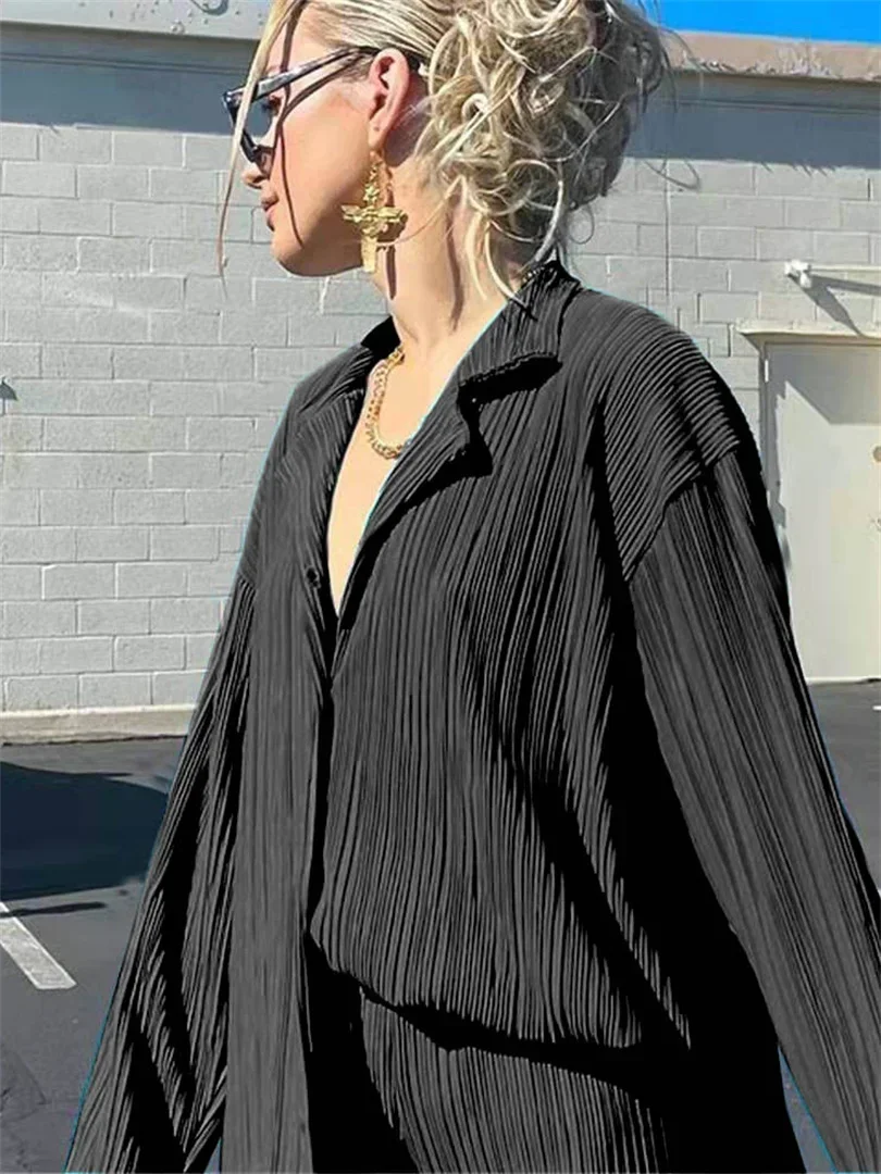 Women Pleated 2 Piece Pants Sets Spring Summer Streetwear Long Sleeve Button Down Shirt+Straight-Leg Pants Loose Outfits